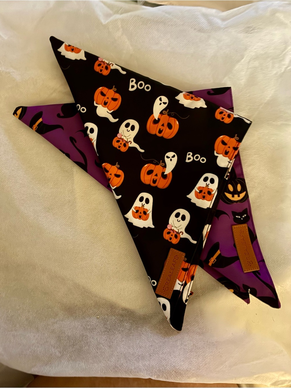 Realeafโs Halloween Bandanas for Dogs- Black & Purple Pumpkin Ghost Print